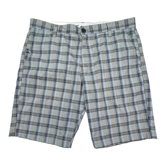 RVCA Shorts Men's 36 Blue Gray Plaid Casual Slim High Rise Stretch Flat Front - Picture 1 of 9